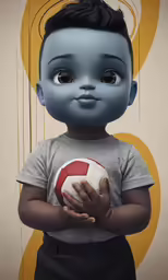 a small boy with black hair holds a red and white ball