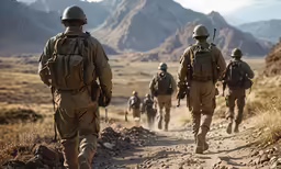 many soldiers are walking in a line down a dirt path