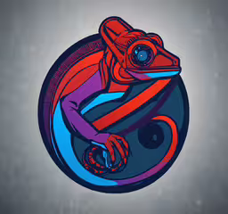 an animal in a circular photo with colors,an animal is painted red and blue