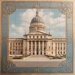 a photo with an elaborate picture frame that has a building in the center