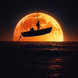 a person on a fishing boat in front of the full moon,a man stands on the bow of a fishing boat in front of a glowing full moon