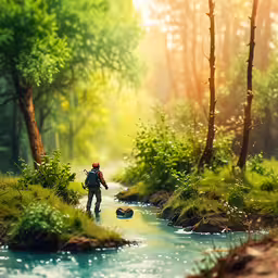a person with backpack standing on river bank near wooded area,the person with a backpack is walking through the forest