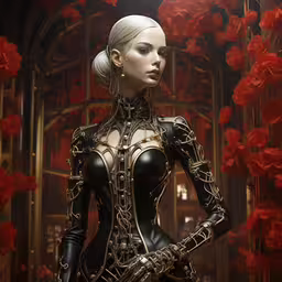 an image of a model in costume that is standing outside,a woman in a metal suit with a red rose in the background