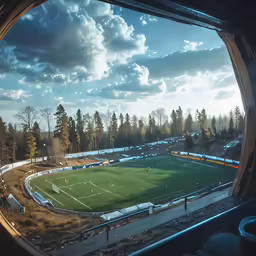 an aerial view of a soccer field from a window
