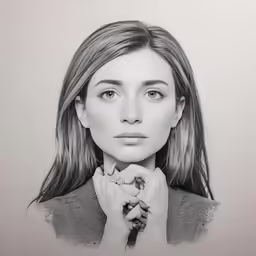 a girl with long hair is holding her hand on her chin