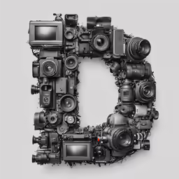 the letter e made up of cameras and equipment