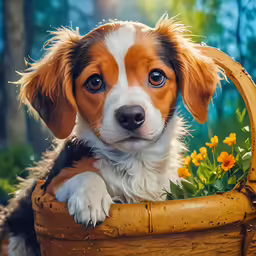 a puppy is sitting in a basket with flowers