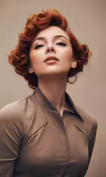 a beautiful young lady with red hair wearing a brown shirt