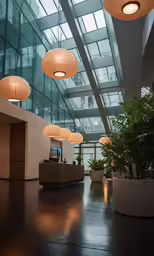 large plant in white ceramic containers beneath a clear glass ceiling