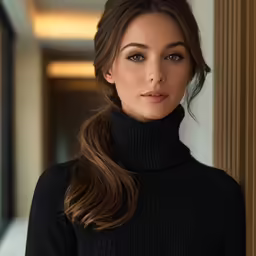 a woman wearing a black turtle neck sweater