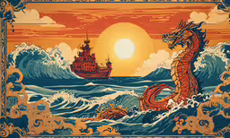 an artistic picture shows the sun and sea,a poster that depicts two sea horses fighting over a ship in an ocean