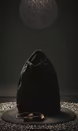 a black bag sitting on top of a floor with a light hanging over it