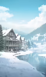 snow covers the front porch and side of a two story house in the middle of the forest