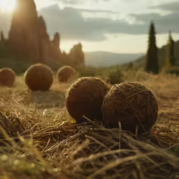 hay with balls sitting in the middle of it