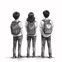 three children in black and white clothing with back pack