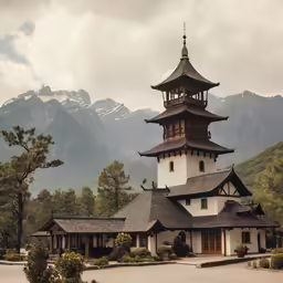 a photo of some buildings in front of mountains