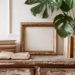 there is an old book sitting on a shelf next to a vase and framed photograph