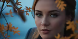 the young woman is posing with a leafy plant behind her