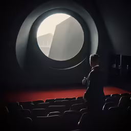 a person wearing a suit standing in front of an auditorium