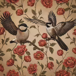 a floral wallpaper with birds and flowers painted on it