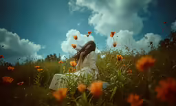 a woman is sitting on the field with flowers