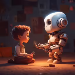 a small boy is sitting next to a robot and playing