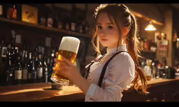 a woman in white shirt and apron holding a beer glass