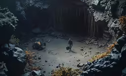 a person standing next to a cart in a cave