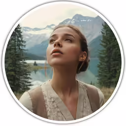 the woman is looking up at the mountain