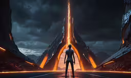 a man standing on top of a street under a sky filled with clouds,an illustration of a man looking out at some strange buildings