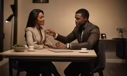 an african american couple dressed up and in formal wear sitting at the table and facing each other