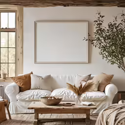 a room with a white couch, table and some pillows