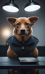 dog sitting with jacket over his collar and eyes close to a mouse