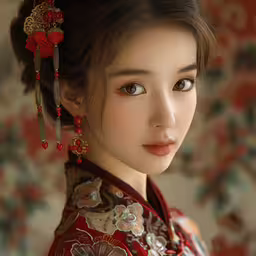 the young woman is wearing oriental clothing,the beautiful young woman is wearing red jewelry