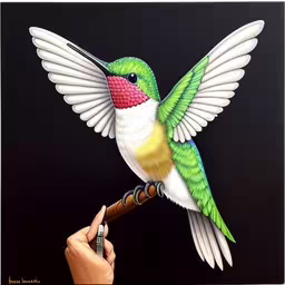 a bird perched on a stick on a black background,a painting of a hummingbird in flight, while another person holds the wing,someone is holding a small bird to an object,painting a hummingbird on a wooden stick,a hummingbird is shown on a black background
