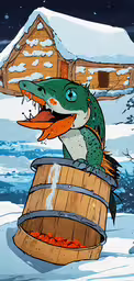 cartoon character holding a large fish in its teeth,the cartoon alligator has taken out of a barrel with its mouth open