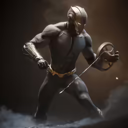 a black and white rendering of a man in armor