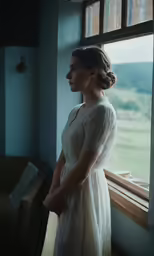 a woman looking out a window at grass