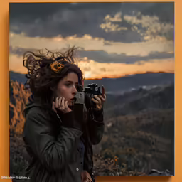 woman takes a photograph with camera near mountains