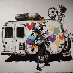 a person walks by a graffiti art truck with paint splatters