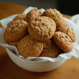 a bowl full of cookies sitting on top of a table