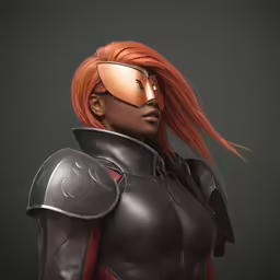 a woman in a helmet and suit on a dark background