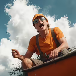 a person in an orange shirt is holding something