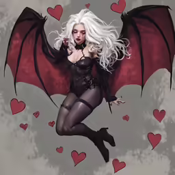 the white haired woman in her halloween garb has a devil on her back