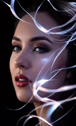 woman with flying hair on black background