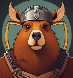 a close up of a bear wearing a helmet,a bear with horns wearing a helmet and armor