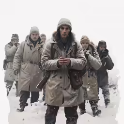 a man standing in front of other people walking