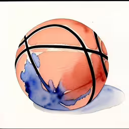 a basketball painted on paper and ready for use,a watercolor of a basketball resting on a blue floor