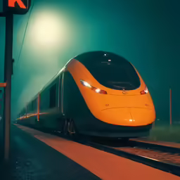 a high speed passenger train is passing through a green fog