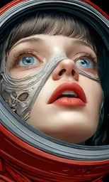 the model has a red scarf on, and her nose is looking at the camera